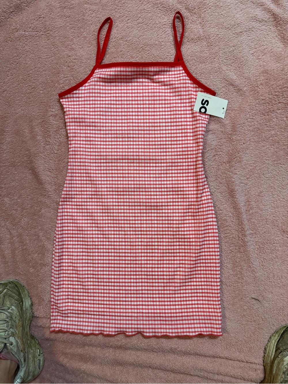 SO Red and White Gingham Ribbed Spaghetti Strap Tank Mini Dress
